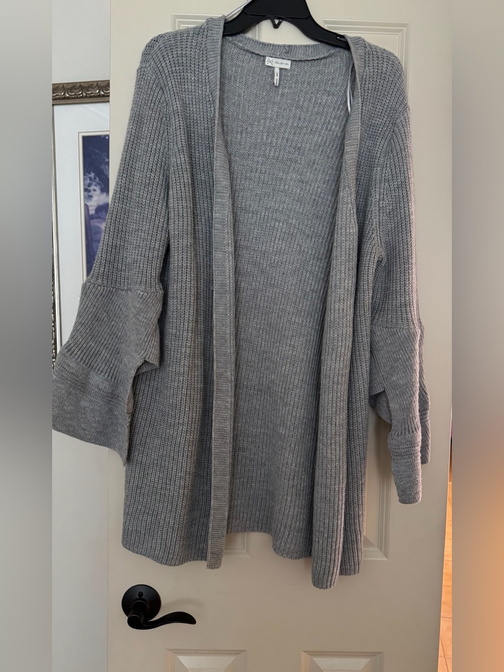 Gray Open-Front Ribbed Cardigan with Flared Sleeves